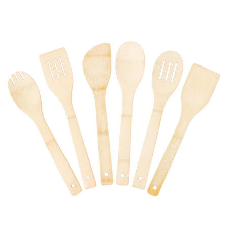 Ensemble d'Ustensiles de Cuisine en Bois Naturel - 6 Pièces Ergonomiques