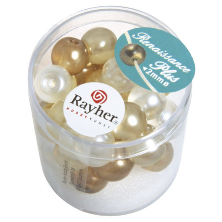 Perles en verre ciré Rayher Renaissance 10mm - 32 pièces beige et blanc