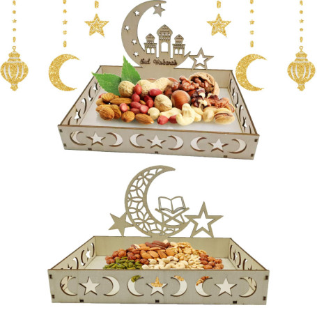 Plateau en Bois Eid Mubarak - Set de 2 Assiettes Décoratives pour Ramadan