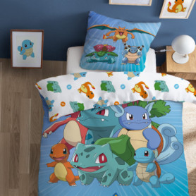 Parure de lit Pokémon GO pour enfant en coton bleu - Housse de couette 140x200cm et taie 63x63cm
