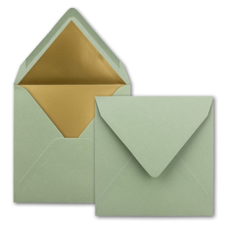 Enveloppes Carrées Vert Eucalyptus avec Doublure Dorée - Lot de 50