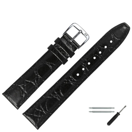 Bracelet de Montre en Cuir Imprimé Crocodile 18 mm Noir avec Boucle Argentée