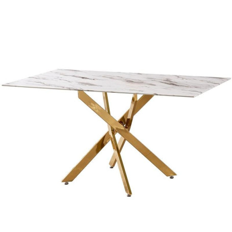 Table de Salle à Manger en Verre et Marbre Artificiel avec Pieds en Métal Doré