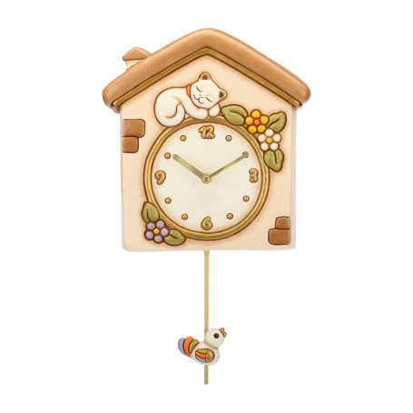 Pendule Murale Chat et Oiseau THUN - Horloge Silencieuse Multicolore