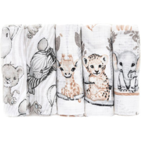 FENSILO Lot de 5 Langes en Mousseline 70x80 cm pour Bébé - Motifs Girafe et Éléphant