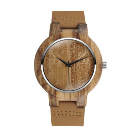 Montre en Bois de Bambou MicLee avec Bracelet en Cuir - Motif Arbre de la Vie