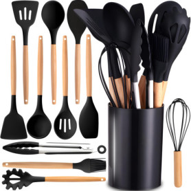 Ensemble de 12 ustensiles de cuisine en silicone noir avec porte-ustensiles en bois