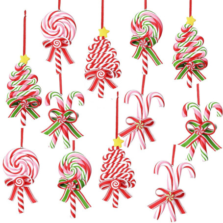 Ensemble de 12 Ornements de Noël en Canne à Sucre - Décorations Festives à Suspendre