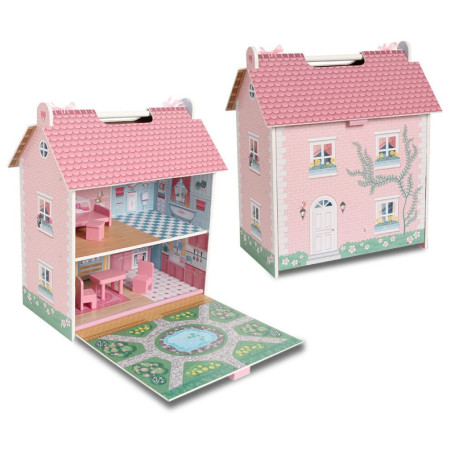Maison de Poupée en Bois Portable DQB DeQUBE avec Grenier et Jardin - 7 Accessoires Inclus