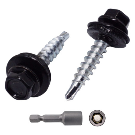 Lot de 250 vis auto-perceuses en métal avec rondelles EPDM - Noir de jais RAL 9005