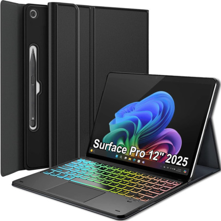 Clavier Bluetooth Rétroéclairé AZERTY pour Microsoft Surface Pro 12" avec Housse en Cuir