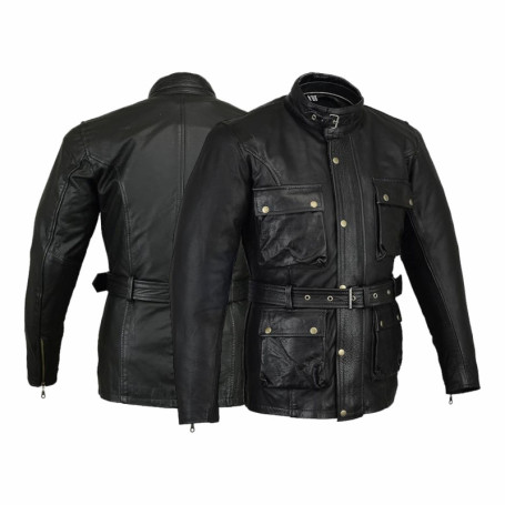 Blouson en Cuir Noir Retro Café Racer avec Détails Oxblood