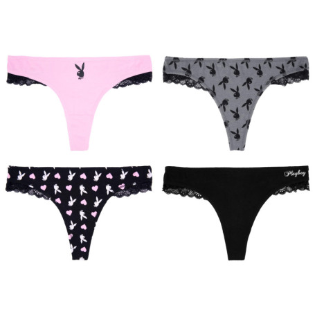Ensemble de Sous-vêtements Playboy pour Femmes - Lot de 4 Thongs en Dentelle Rose