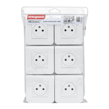 Prise Électrique Murale Legrand Mosaic - Lot de 6 avec Terre - Blanc