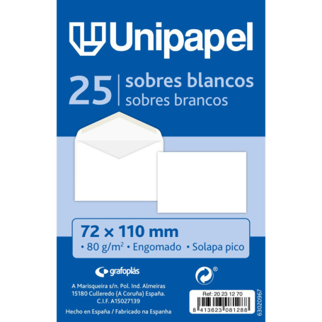 Lot de 25 petites enveloppes blanches Unipapel avec fermeture gommée - 72 x 110 mm