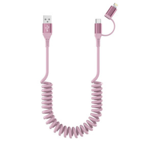 Câble Spiralé 2-en-1 USB-C et Lightning pour Voiture - Charge Rapide et Transfert de Données