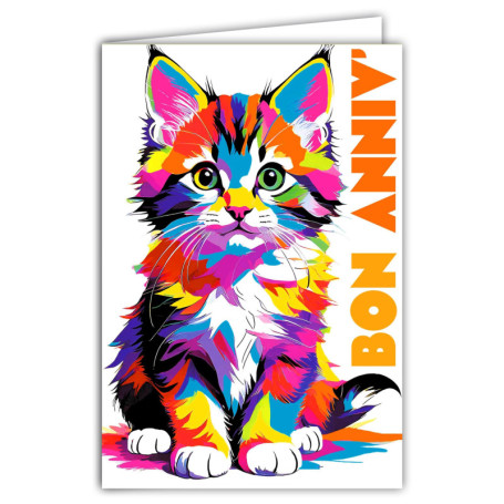 Carte d'Anniversaire FLUO Chaton Mignon - Pop Art Multicolore avec Enveloppe