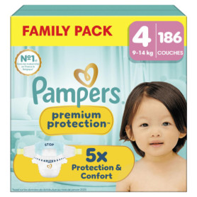 Couches Pampers Premium Protection Taille 4 - 186 unités pour peaux sensibles