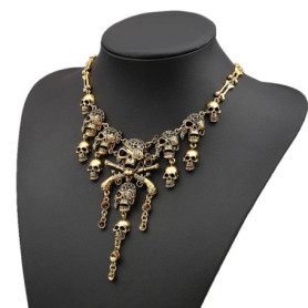 Collier Crâne Halloween en Or pour Femmes - Accessoire de Déguisement Pirate