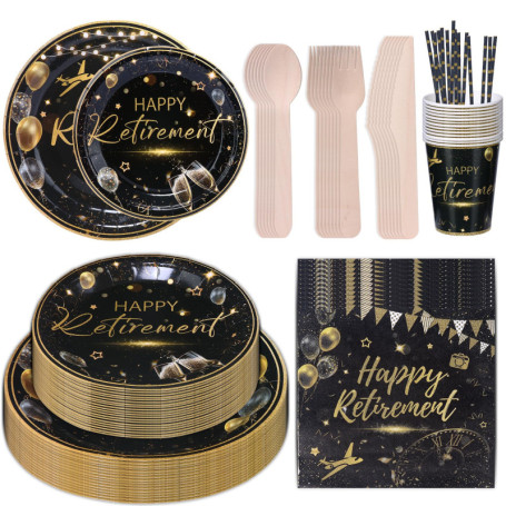CEILIWEN Ensemble de Vaisselle Jetable Noir et Doré pour Fête de Retraite - 25 Personnes