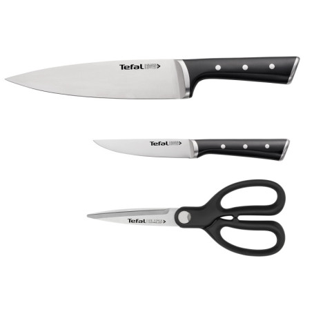 Tefal Ice Force Set de 3 Couteaux et Ciseaux de Cuisine en Acier Inoxydable