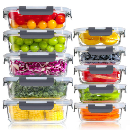 YASHE Lot de 10 Boîtes Alimentaires en Verre Hermétiques - Réutilisables et Compatibles Micro-ondes