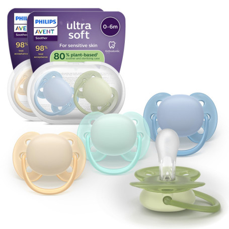 Sucettes Ultra-Douces Philips Avent pour Bébés - Lot de 4 avec Étuis de Stérilisation