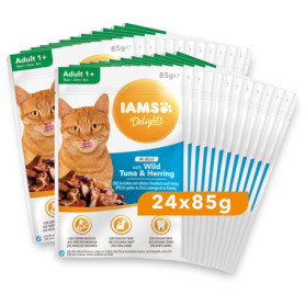IAMS Nourriture Humide en Gelée Thon et Hareng pour Chats Adultes - Pack de 24 Sachets de 85 g