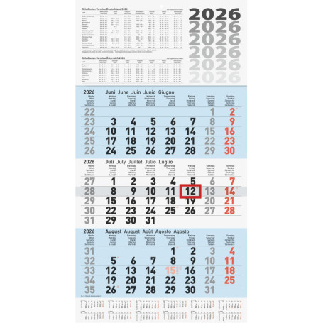 Calendrier 3 mois 2026 BRUNNEN - Bleu, 300 x 560 mm avec curseur de date
