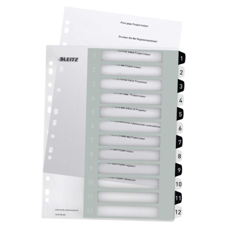 Intercalaires A4 Leitz 1-12 Imprimables Extra-Larges en Plastique Blanc/Noir
