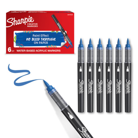 Lot de 6 Marqueurs Acryliques Sharpie - Feutres à Pointe Pinceau Bleu pour Art et Coloriage