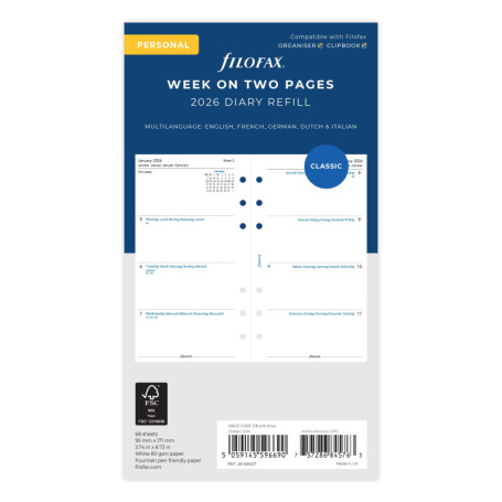 Recharge Agenda Semainier 2026 Filofax - 5 Langues