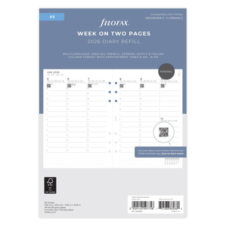 Recharge Agenda Filofax A5 2026 Minimaliste Semaine sur Page