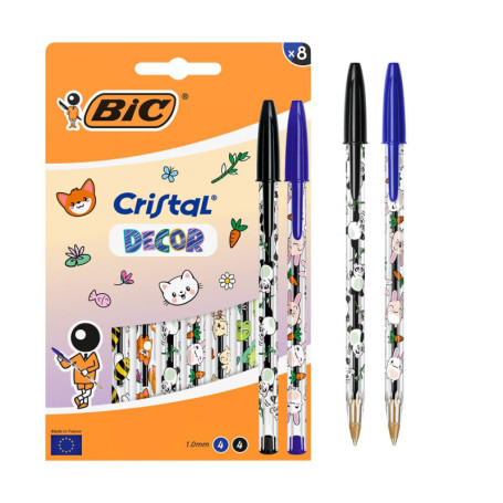 Pack de 8 Stylos BIC Cristal Décors Kawaii - Écriture Fluide en Bleu et Noir