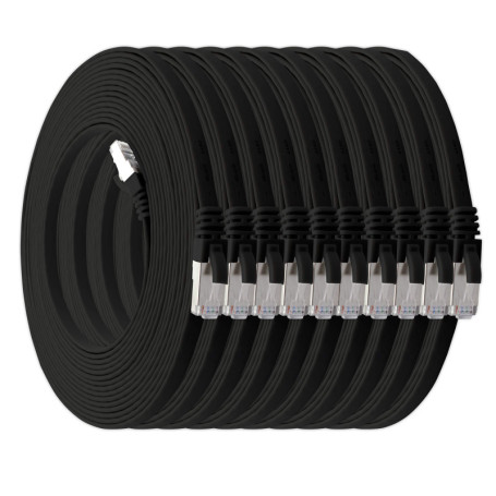 Lot de 10 Câbles Réseau Plat Cat7 - 0,25 m Noir