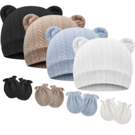DRESHOW Bonnet et Moufles Bébé Tricotés Doux 0-6 Mois
