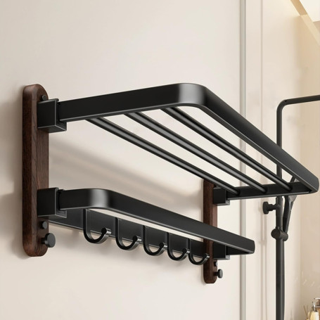 Porte-serviettes mural noir ITHKFU avec étagère et 5 crochets