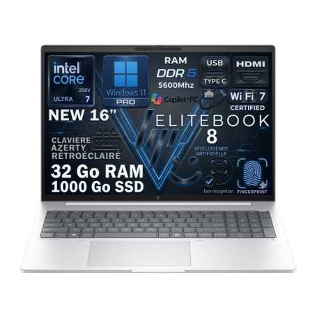 HP EliteBook 8 - Ordinateur Portable 16" avec Intel Core Ultra 7, 32Go RAM, 1To SSD