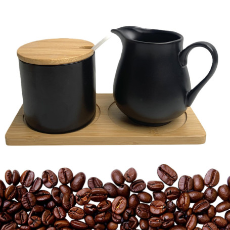 Service à Lait et Sucre en Céramique Noire avec Plateau en Bois