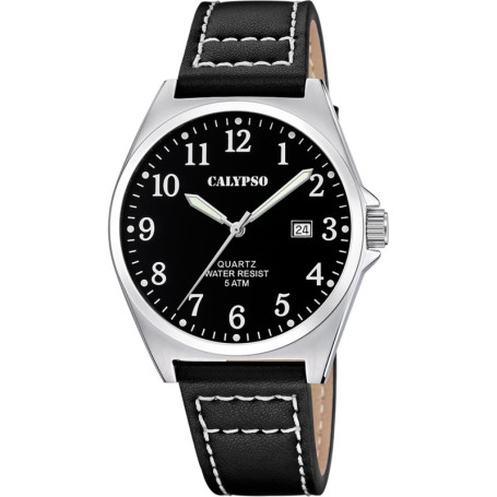 Montre Homme Calypso Élégante en Cuir Noir avec Calendrier