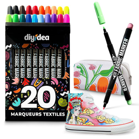 DIYIDEA Feutres Textiles Permanents Multicolores - 20 Marqueurs Non Toxiques pour Tissus