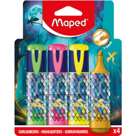 Pochette de 4 Surligneurs Dragon Maped - Fluorescents et Pailletés