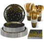 Service de Vaisselle Noir et Or pour 24 Invités - Lot de 168 Assiettes et Accessoires de Fête