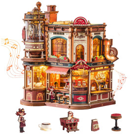 ROKR Dream Coffee Factory EAB02 Maison de Poupée Miniature DIY avec Boîte à Musique pour Adultes, Modèle Mécanique avec Pièces M