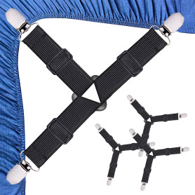Qufiiry Attache Drap Housse, 4 Pcs NoirTendeur Drap Housse, Élastiques Ajustables Sangle Drap Housse avec Pinces Métalliques, Te
