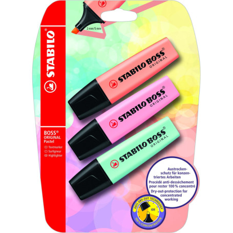 Pack de 3 Surligneurs STABILO BOSS ORIGINAL Pastel - Pêche, Rose et Turquoise
