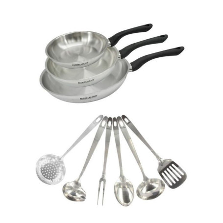 Set de 3 poêles en inox avec 6 ustensiles Fackelmann Geneva