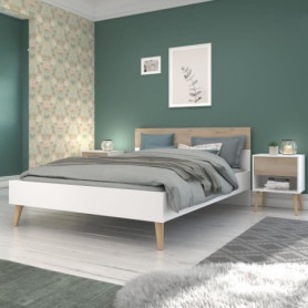 Lit Adulte AALBORG 140x190 cm - Design Scandinave en Blanc et Chêne