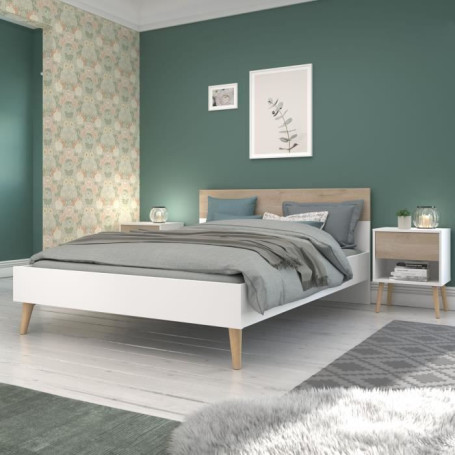Lit adulte AALBORG 160x200 cm en Blanc et Chêne - Design Scandinave