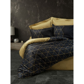 Parure de lit en coton renforcé - Housse de couette 140x200cm et taies 60x60cm - Imprimé graphique Noir et Or